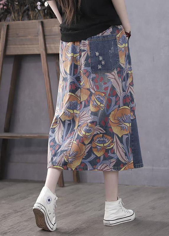 Casual Blue Pockets Print Patchwork Elastic Waist Denim Skirt Spring