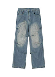 Casual Blue Pockets Wrinkled Denim Wide Leg Pants Spring