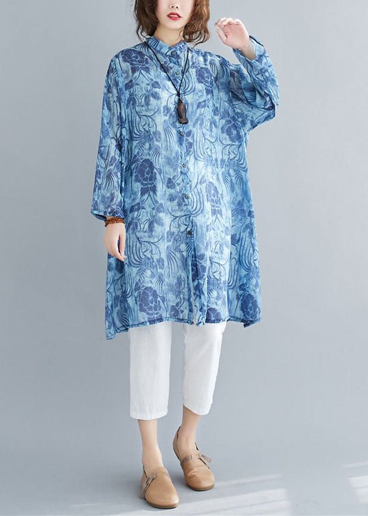 Casual Blue Print Button Patchwork Linen Mid Shirts Dress Spring