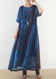 Casual Blue Print Chiffon Loose Spring Ankle Dress - SooLinen