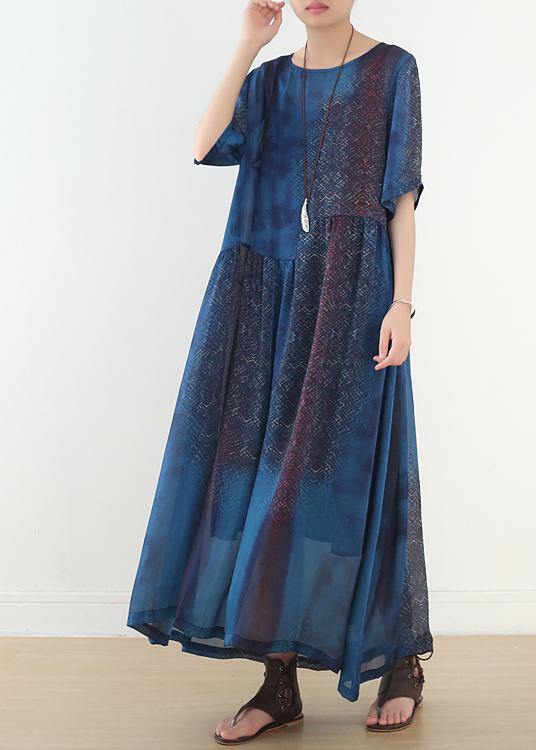 Casual Blue Print Chiffon Loose Spring Ankle Dress - SooLinen