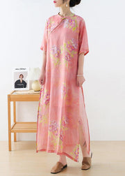 Casual Blue Print Oriental Dresses Summer Ramie - SooLinen