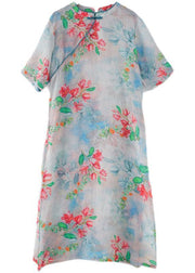 Casual Blue Print Oriental Dresses Summer Ramie - SooLinen