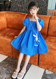 Casual Blue Puff Sleeve Bow Rabbit Cotton Kids Girls Long Dress Summer