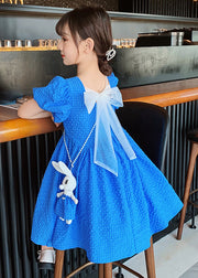 Casual Blue Puff Sleeve Bow Rabbit Cotton Kids Girls Long Dress Summer