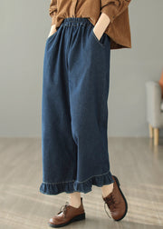 Casual Blue Ruffled Patchwork Pockets Straight Jeans Spring