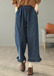 Casual Blue Ruffled Patchwork Pockets Straight Jeans Spring