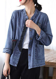 Casual Blue Stand Collar Patchwork Button Denim Coats Spring
