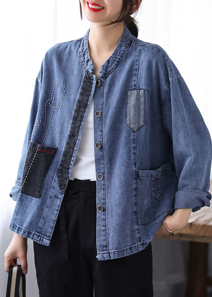 Casual Blue Stand Collar Patchwork Button Denim Coats Spring