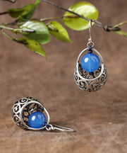 Casual Blue Sterling Silver Agate Hoop Earrings