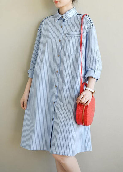 Casual Blue Striped Cotton Long sleeve Spring Dresses - SooLinen