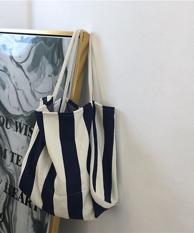 Casual Blue Striped High-capacity Cozy Canvas Satchel Handbag