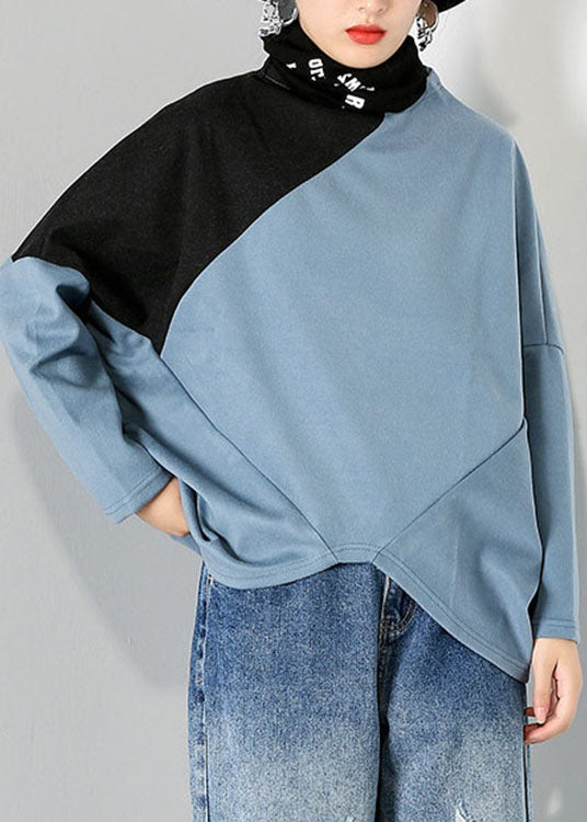 Casual Blue Turtle Neck Patchwork Tops Spring