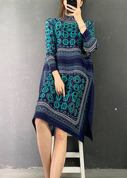 Casual Blue Turtleneck Print Patchwork Holiday Dress Long Sleeve