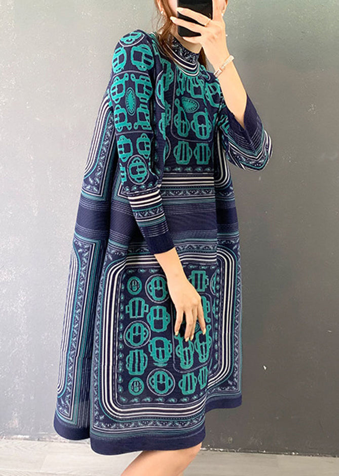 Casual Blue Turtleneck Print Patchwork Holiday Dress Long Sleeve