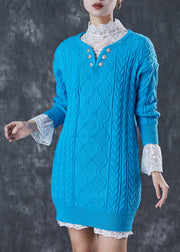 Casual Blue V Neck Cable Knitted Dress Two Piece Set Winter