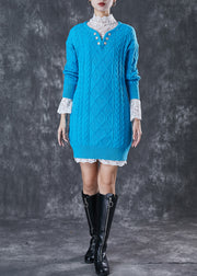 Casual Blue V Neck Cable Knitted Dress Two Piece Set Winter