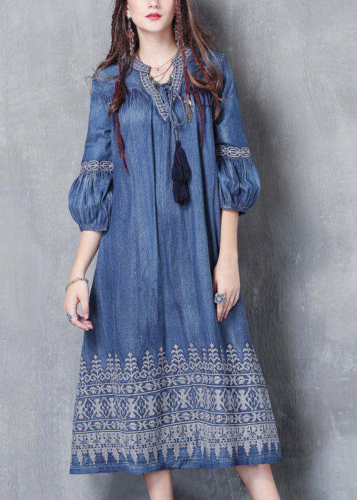 Casual Blue V Neck Embroidered Cotton Vacation Dresses lantern sleeve