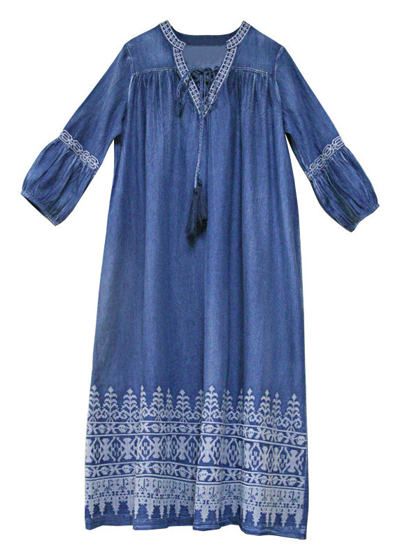 Lässige blaue V-Ausschnitt bestickte Baumwolle Urlaubskleider Laternenärmel