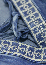 Lässige blaue V-Ausschnitt bestickte Baumwolle Urlaubskleider Laternenärmel