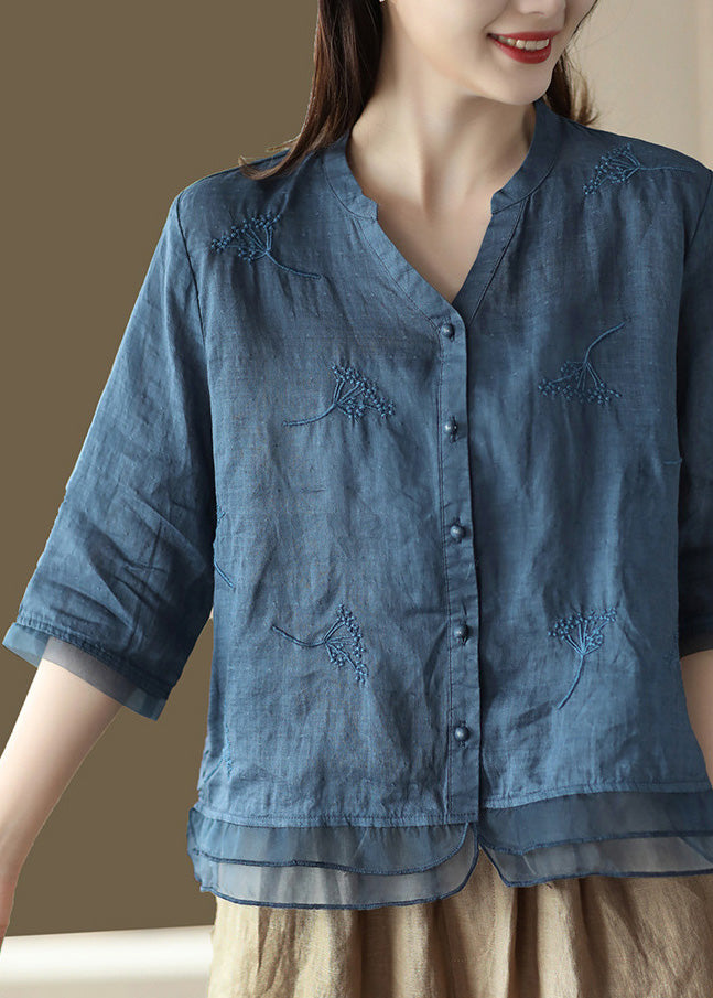Casual Blue V Neck Embroidered Solid Ramie Shirt Half Sleeve