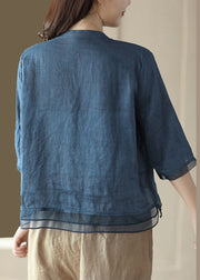 Casual Black polka dots V Neck Embroidered Solid Ramie Shirt Half Sleeve