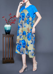 Casual Blue V Neck Patchwork Print Silk Holiday Dress Summer