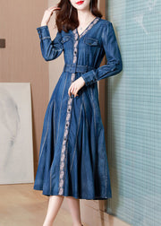 Casual Blue V Neck Print Button Sashes Silk Denim Maxi Dresses Long Sleeve