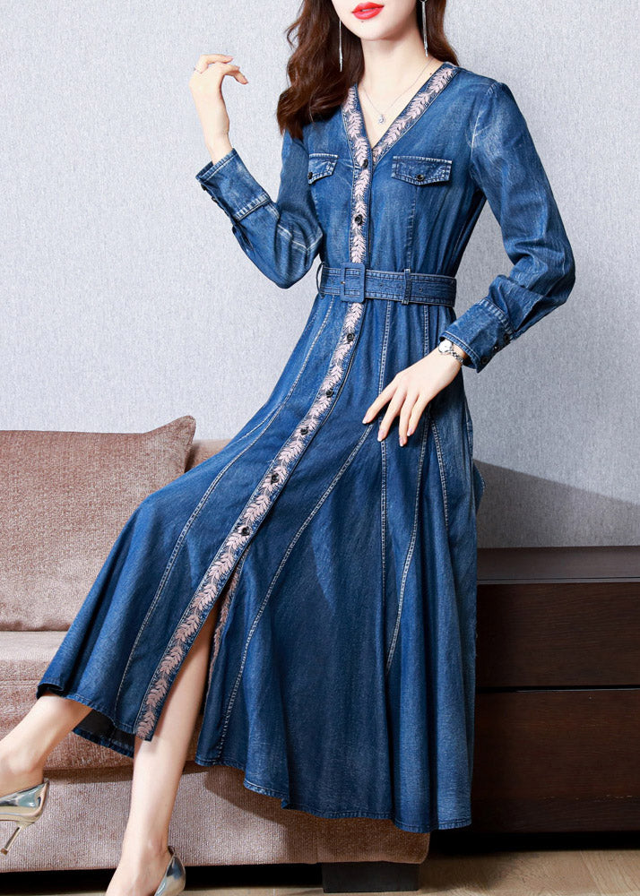 Casual Blue V Neck Print Button Sashes Silk Denim Maxi Dresses Long Sleeve