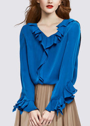 Casual Blue V Neck Ruffled Chiffon Shirt Top Long Sleeve