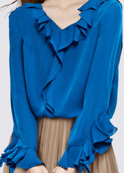 Lässiges blaues Chiffon-Hemd mit Rüschen und V-Ausschnitt, lange Ärmel