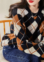 Lässige Wollstrick-Sweatshirts mit langem Ärmel und braunem Kaffee-Farbdruck