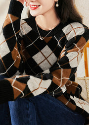 Casual Brown Chocolate Colour Print Woolen Knit Sweatshirts Long Sleeve
