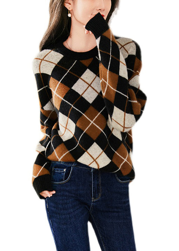 Lässige Wollstrick-Sweatshirts mit langem Ärmel und braunem Kaffee-Farbdruck
