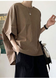 Casual Brown O-Neck Oversized Side Open Cotton Tank Half Sleeve