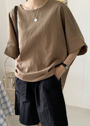 Casual Brown O-Neck Oversized Side Open Cotton Tank Half Sleeve