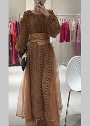 Casual Brown O-Neck Tie Waist Tulle Patchwork Knit Long Dress Fall