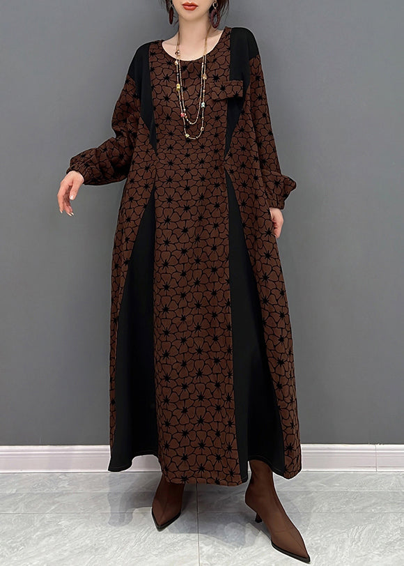 Casual Brown O Neck Wrinkled Print Patchwork Cotton Long Dresses Fall