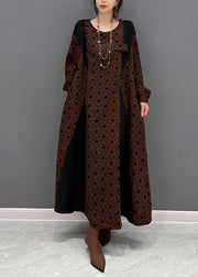 Casual Brown O Neck Wrinkled Print Patchwork Cotton Long Dresses Fall
