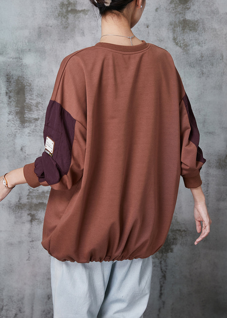 Casual Brown Oversized Patchwork Cotton Sweatshirt Spring