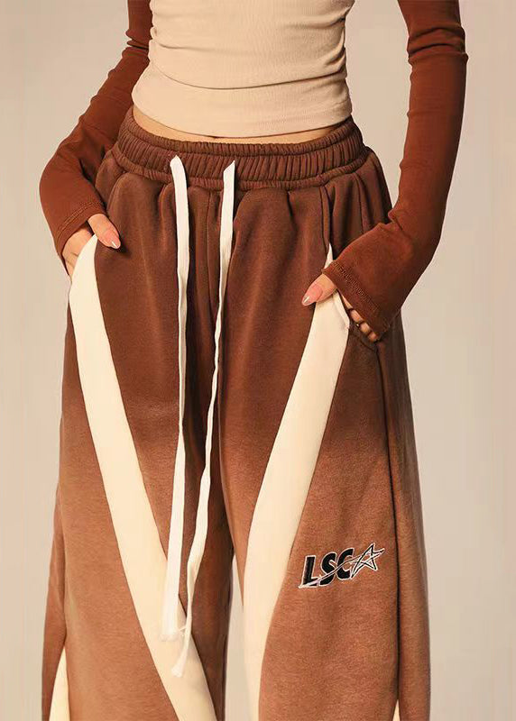 Casual Brown Pockets Patchwork Elastic Waist Warm Fleece Wide Leg Pants Spring