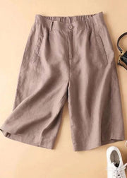 Lässige, braune Taschen, elastische Taille, gerade Hosen aus Leinen, Sommer