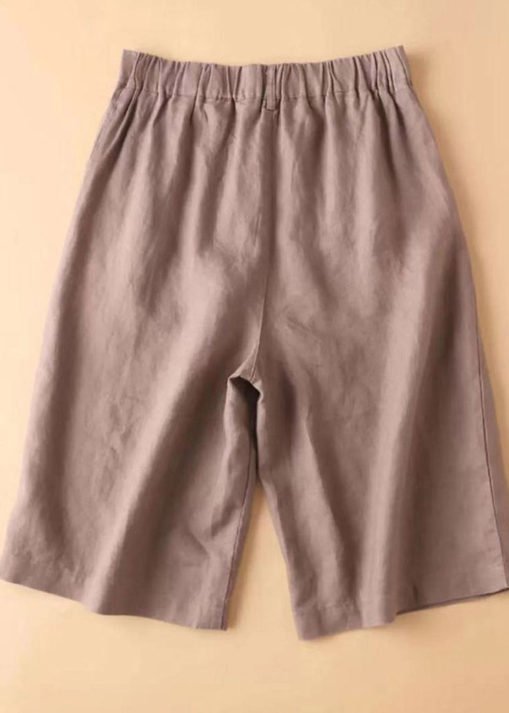 Casual Brown Pockets elastic waist Button Linen Straight Pants Summer
