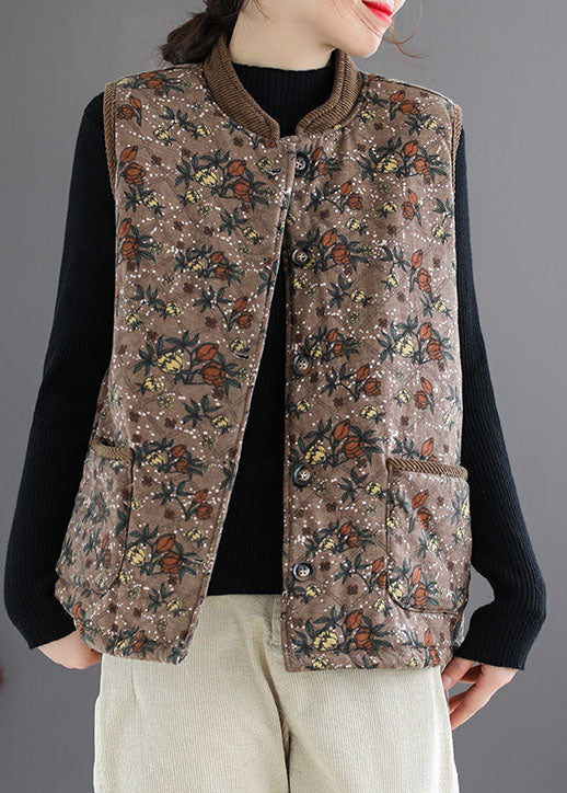 Casual Brown Stand Collar Print Fine Cotton Filled Vest Sleeveless