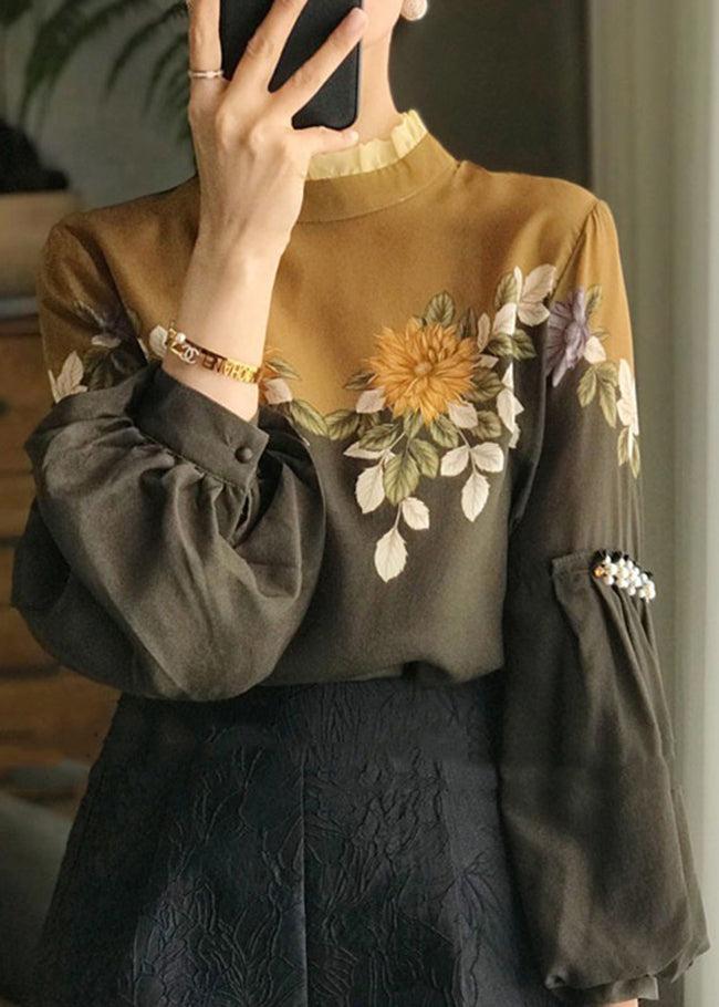 Casual Brown Stand Collar Ruffled Pearl Patchwork print Blouses top Puff Sleeve