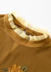 Lässige braune Blusen mit Stehkragen, gekräuseltem Perlen-Patchwork-Druck und Puffärmeln
