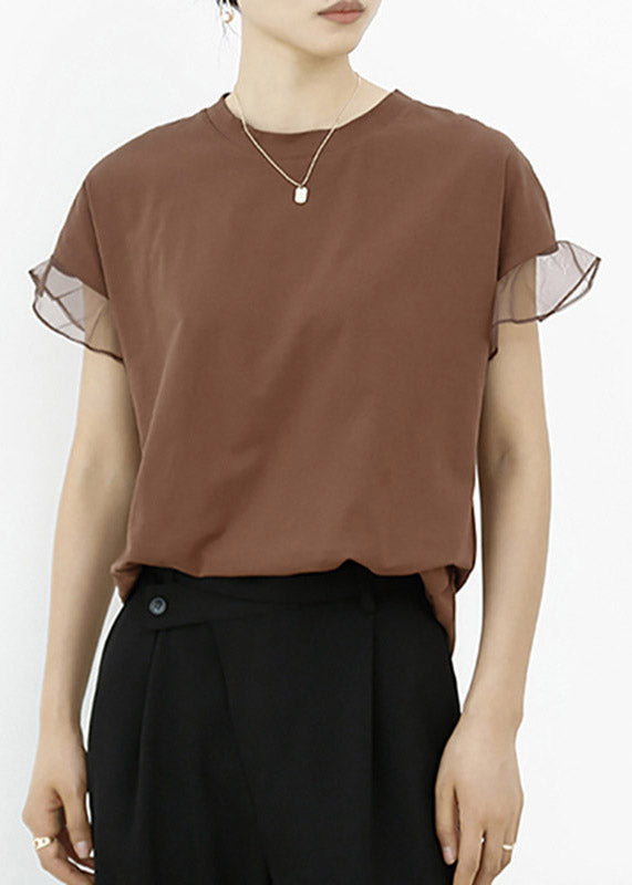 Casual Brown Tulle Patchwork Cotton T Shirt Summe