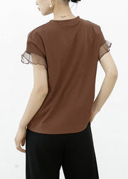 Casual Brown Tulle Patchwork Cotton T Shirt Summe