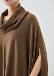 Casual Brown Turtle Neck Asymmetrical Exra Large Hem Knit Sweater Dress Cloak Sleeves