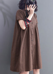 Casual Brown Wrinkled Ruffled Plaid Cotton Dress Short Sleeve